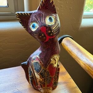 Decorative Hand-Painted Cat Figurine - Red and Gold